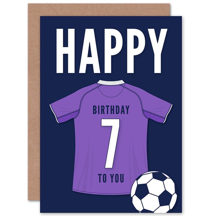 Football Fan 7th Happy Birthday Card for Boys Girls Purple Jersey Football Top on Dark Blue Background