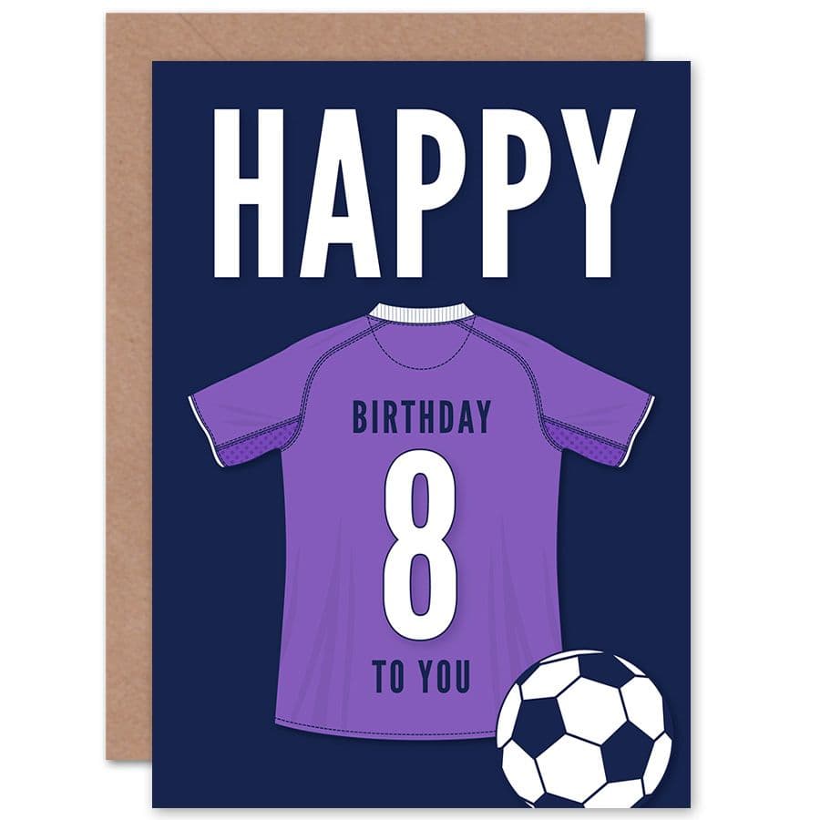 Football Fan 8th Happy Birthday Card Purple Jersey Football Top on Dark Blue Background