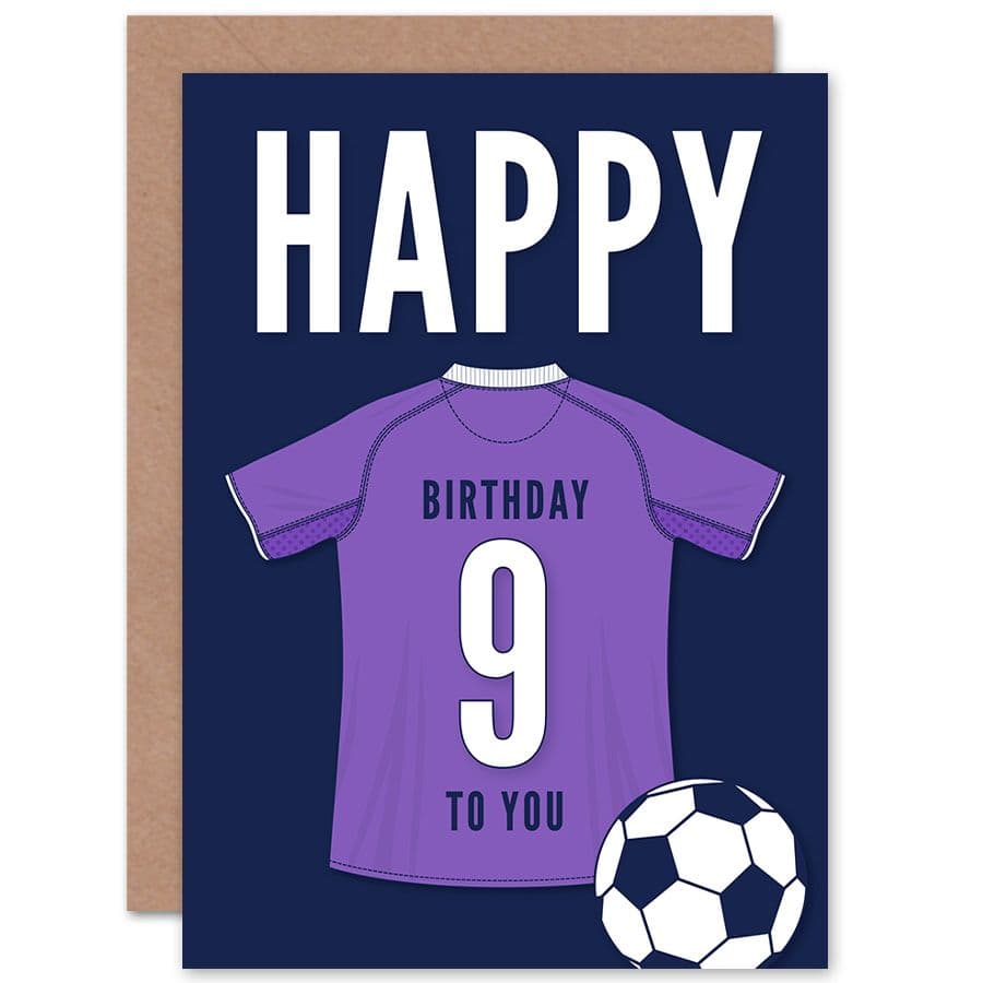Football Fan 9th Happy Birthday Card Purple Jersey Football Top on Dark Blue Background