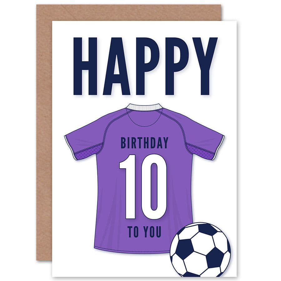 Football Fan 10th Happy Birthday Card for Boys Girls Purple Jersey Football Top on White Background