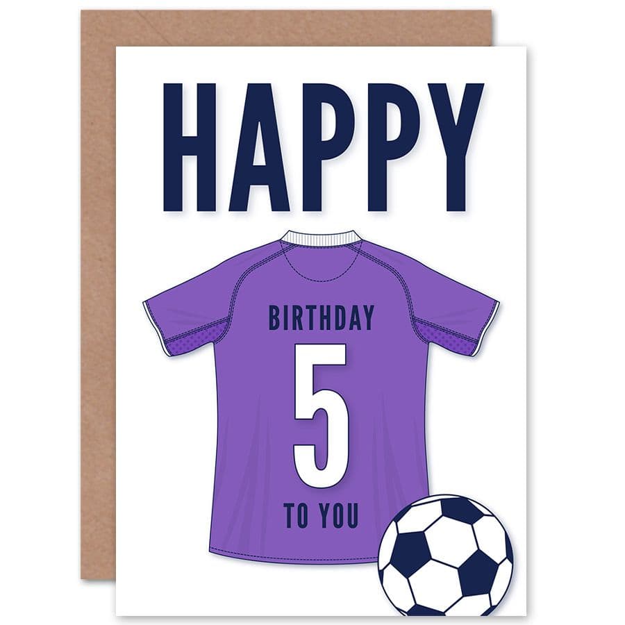 Football Fan 5th Happy Birthday Card for Boys Girls Purple Jersey Football Top on White Background