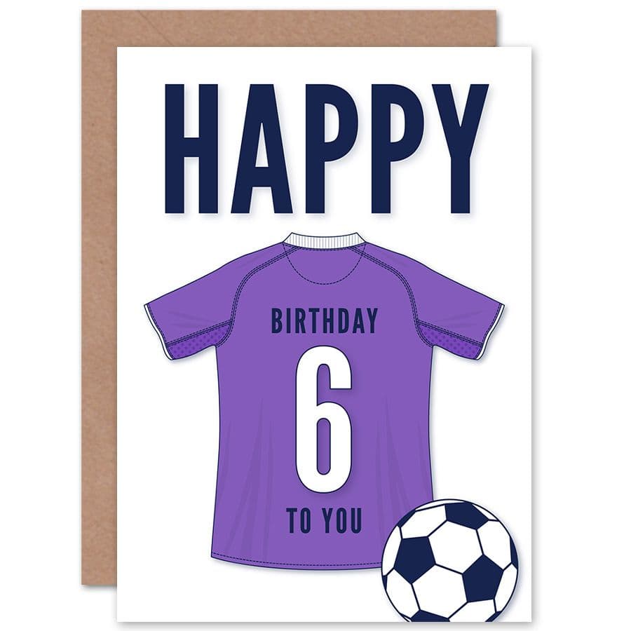 Football Fan 6th Happy Birthday Card Purple Jersey Football Top on Background