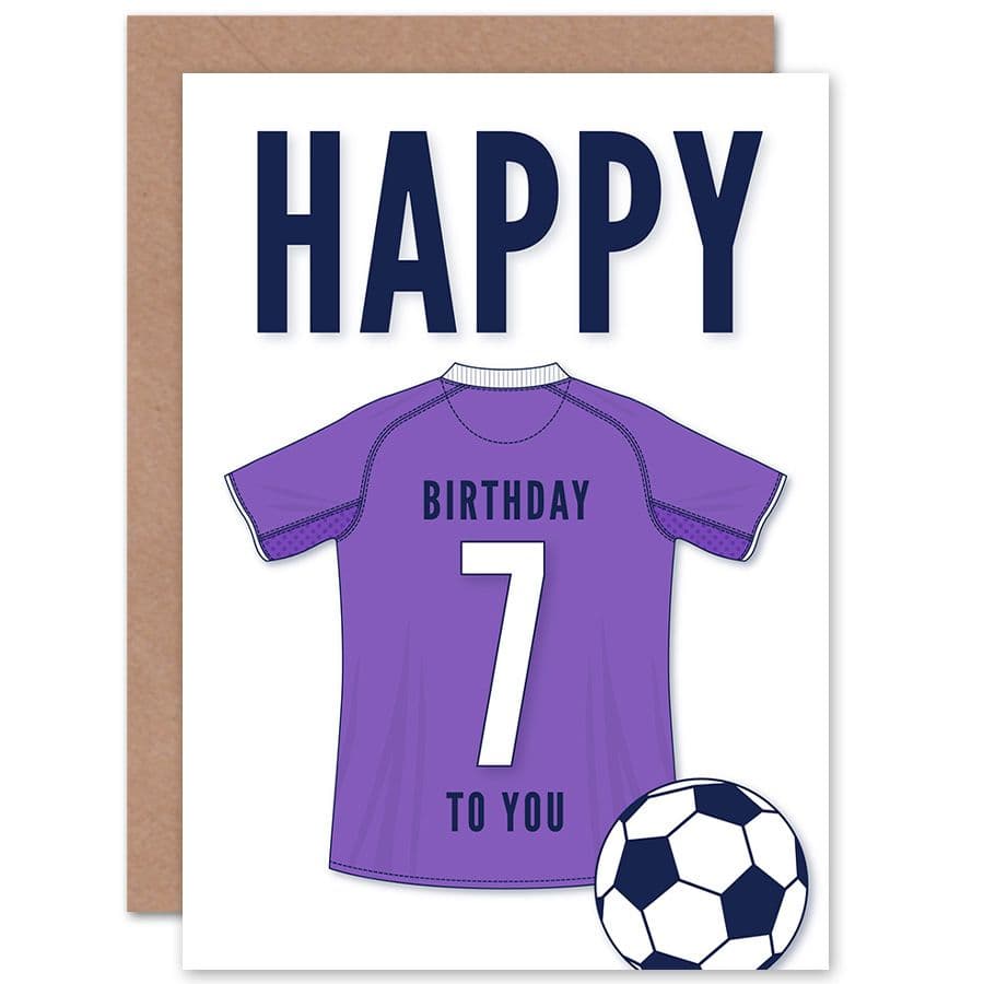 Football Fan 7th Happy Birthday Card for Boys Girls Purple Jersey Football Top on White Background