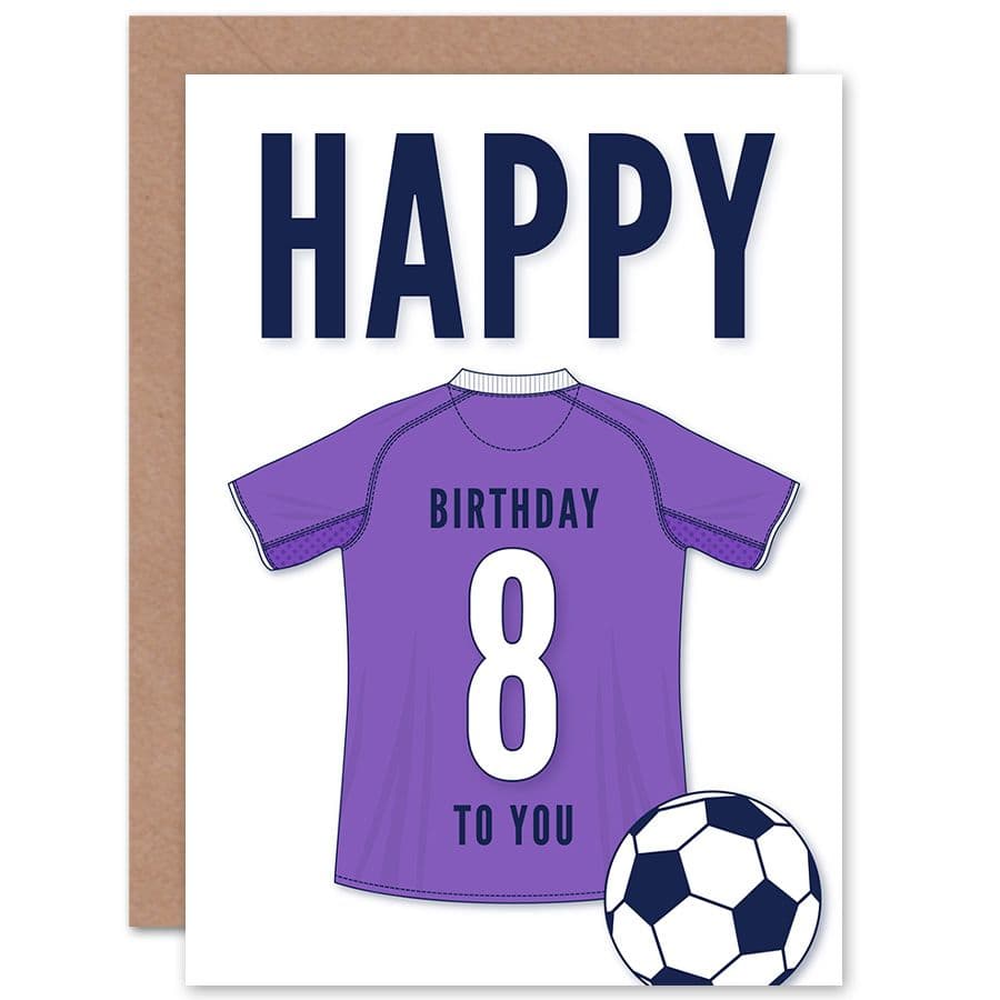 Football Fan 8th Happy Birthday Card Purple Jersey Football Top on Background