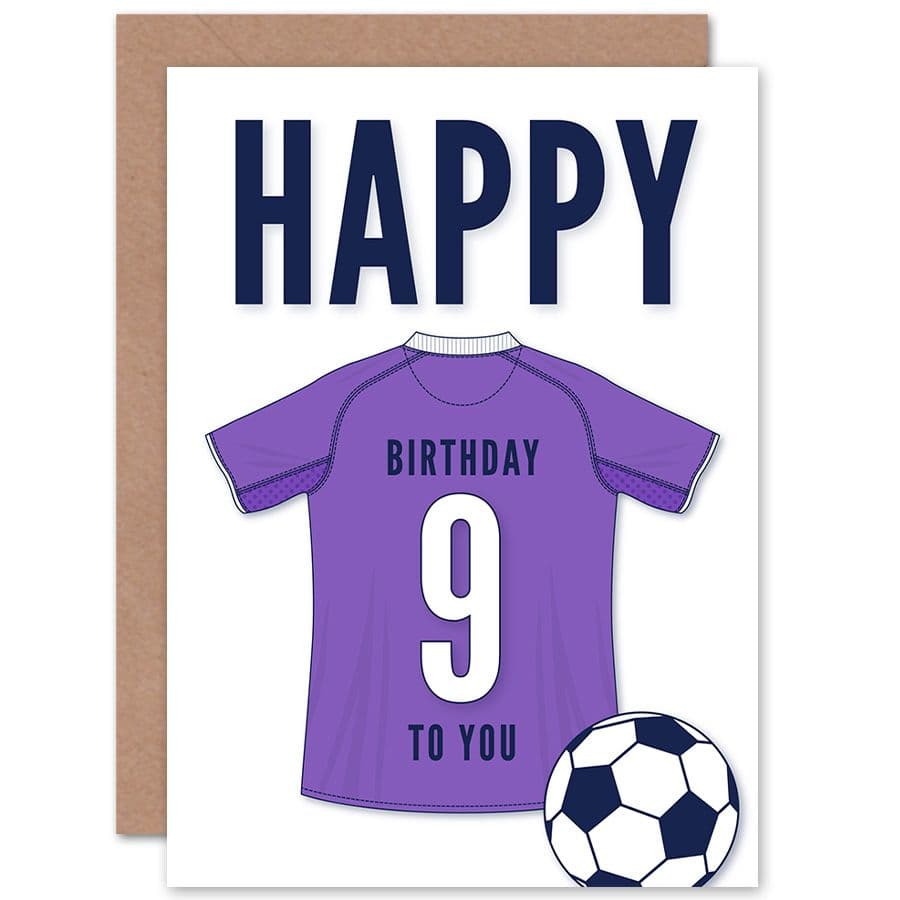 Football Fan 9th Happy Birthday Card for Boys Girls Purple Jersey Football Top on White Background