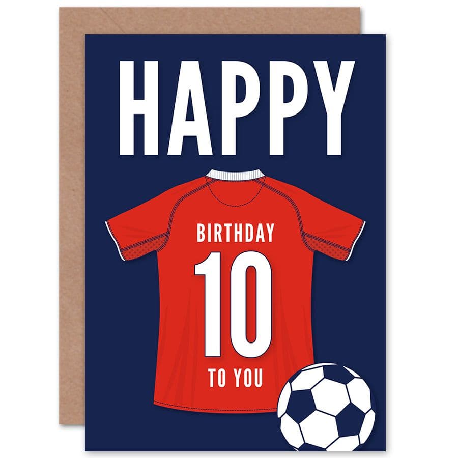Football Fan 10th Happy Birthday Card for Boys Girls Red Jersey Football Top on Dark Blue Background