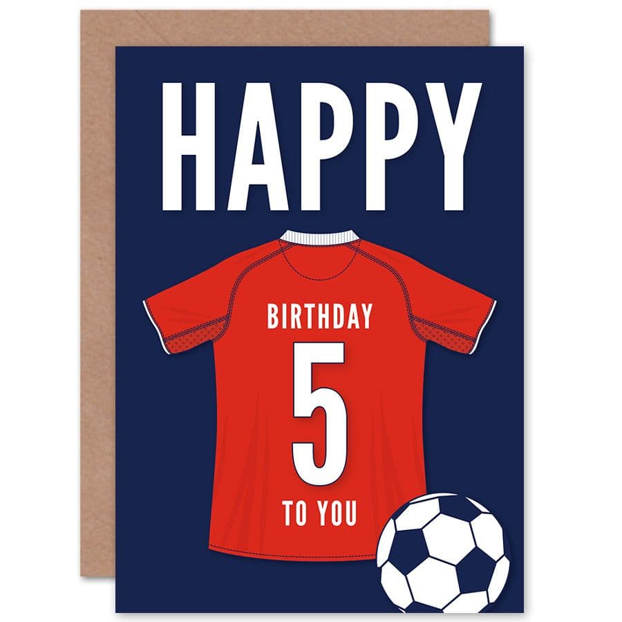 Football Fan 5th Happy Birthday Card Red Jersey Football Top on Dark Blue Background
