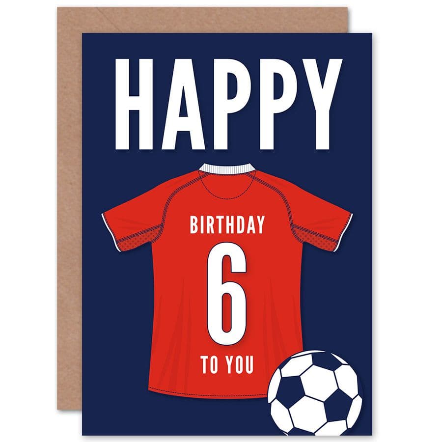 Football Fan 6th Happy Birthday Card Red Jersey Football Top on Dark Blue Background
