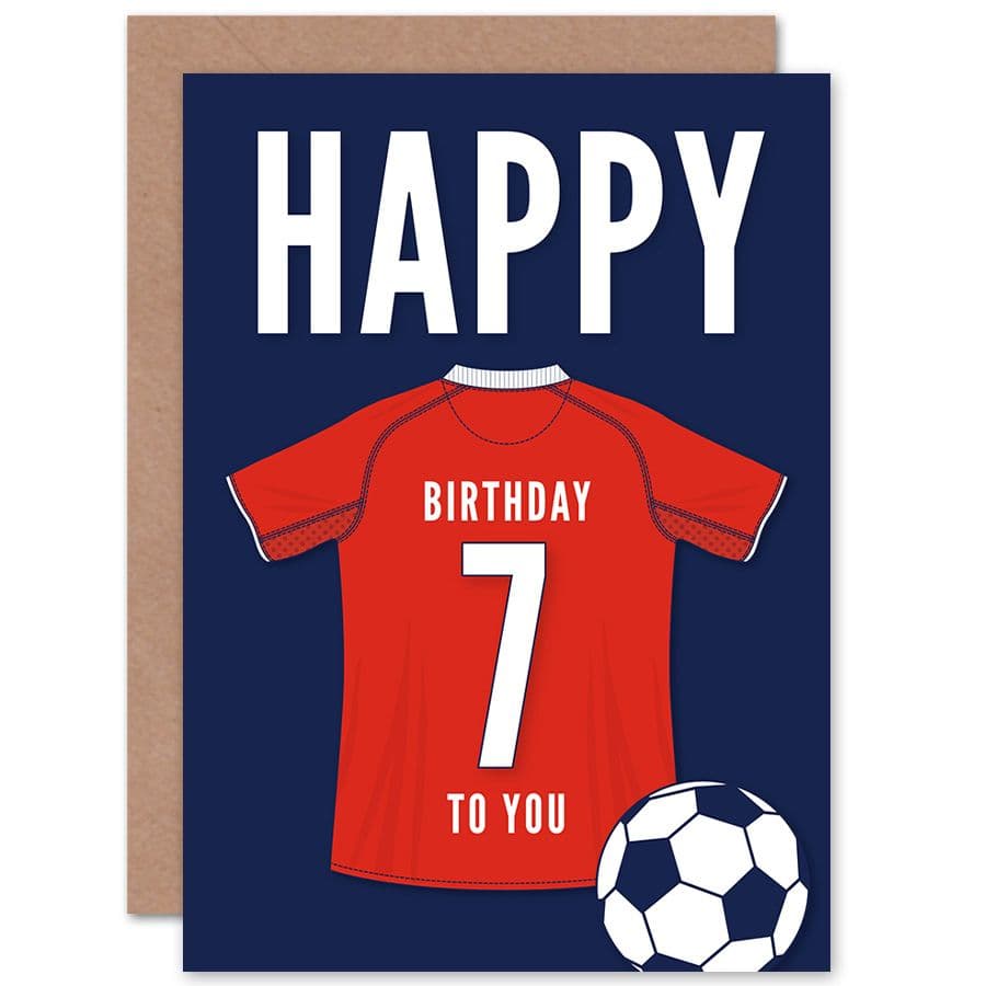 Football Fan 7th Happy Birthday Card for Boys Girls Red Jersey Football Top on Dark Blue Background
