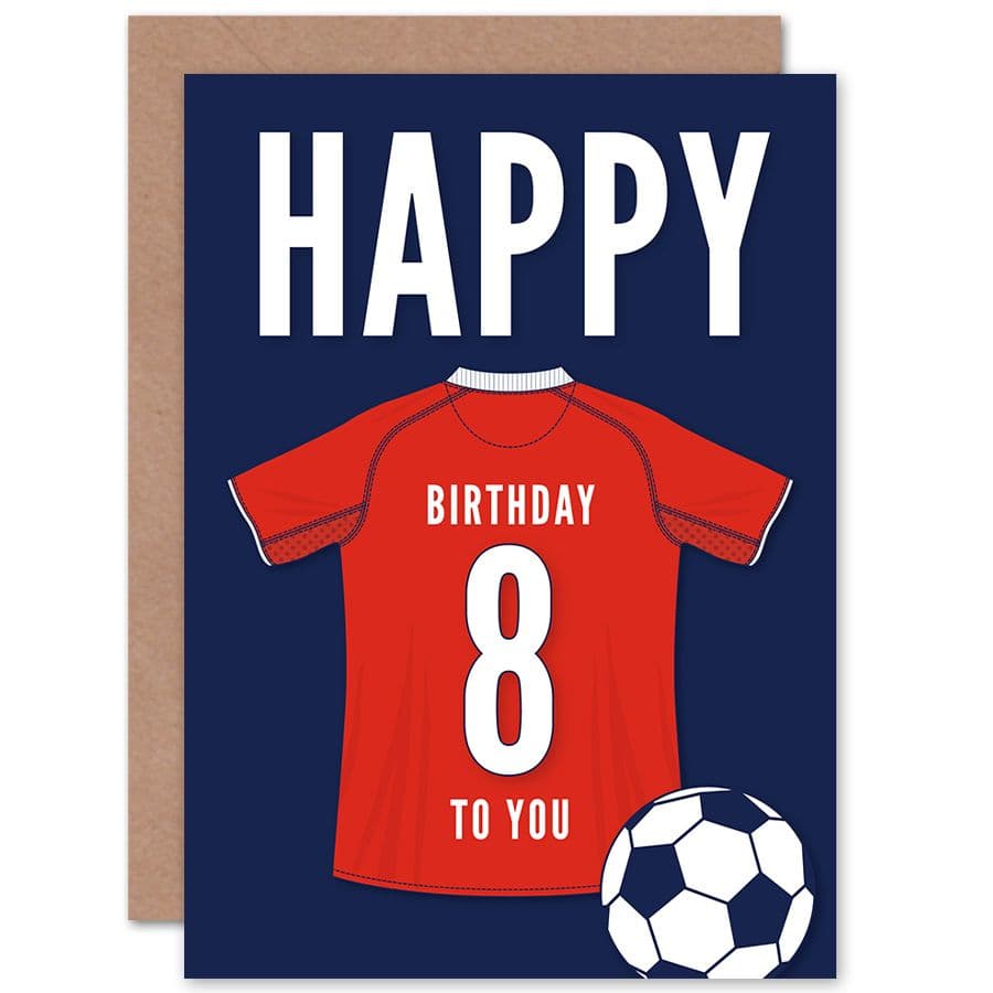Football Fan 8th Happy Birthday Card for Boys Girls Red Jersey Football Top on Dark Blue Background