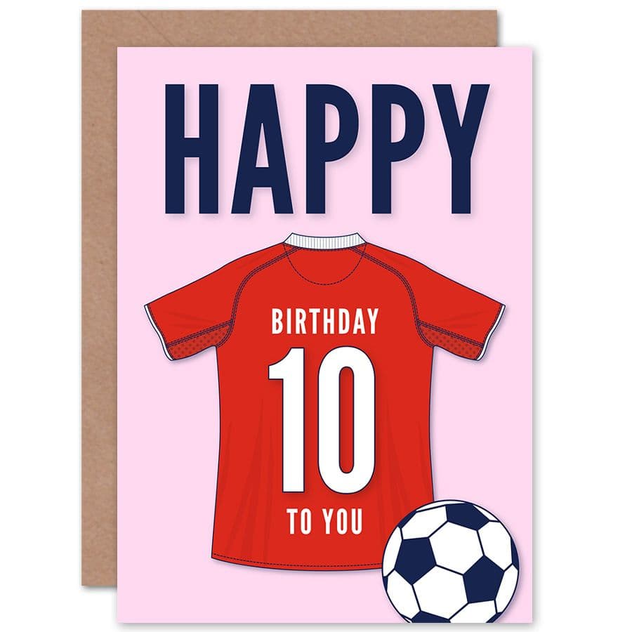 Football Fan 10th Happy Birthday Card for Boys Girls Red Jersey Football Top on Pink Background