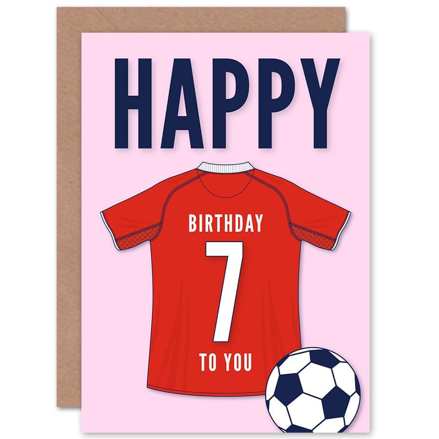 Football Fan 7th Happy Birthday Card for Boys Girls Red Jersey Football Top on Pink Background