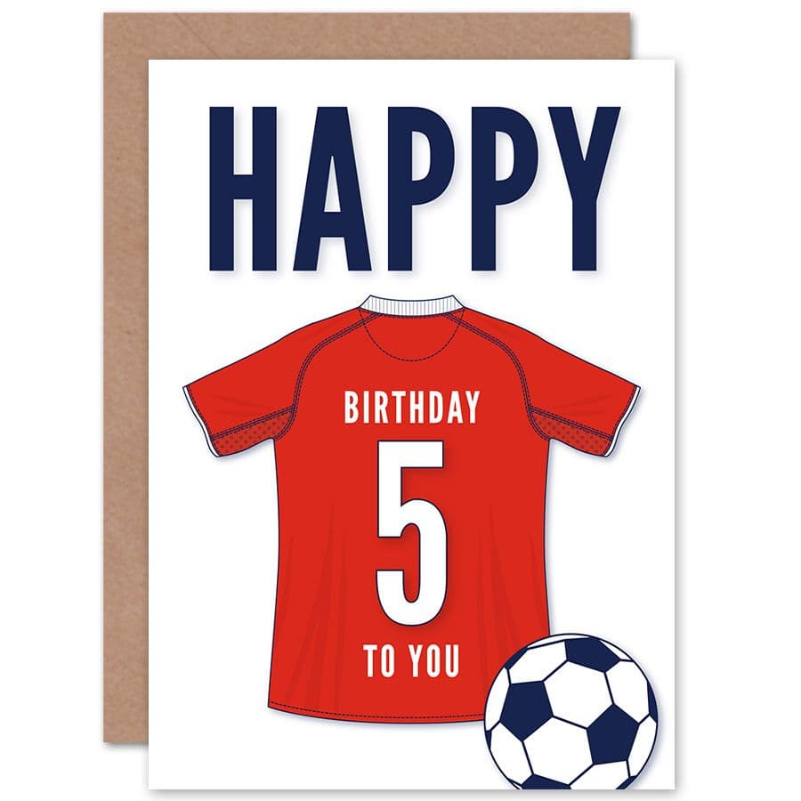 Football Fan 5th Happy Birthday Card for Boys Girls Red Jersey Football Top on White Background