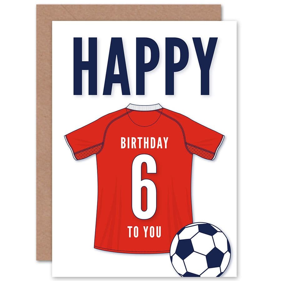 Football Fan 6th Happy Birthday Card for Boys Girls Red Jersey Football Top on White Background