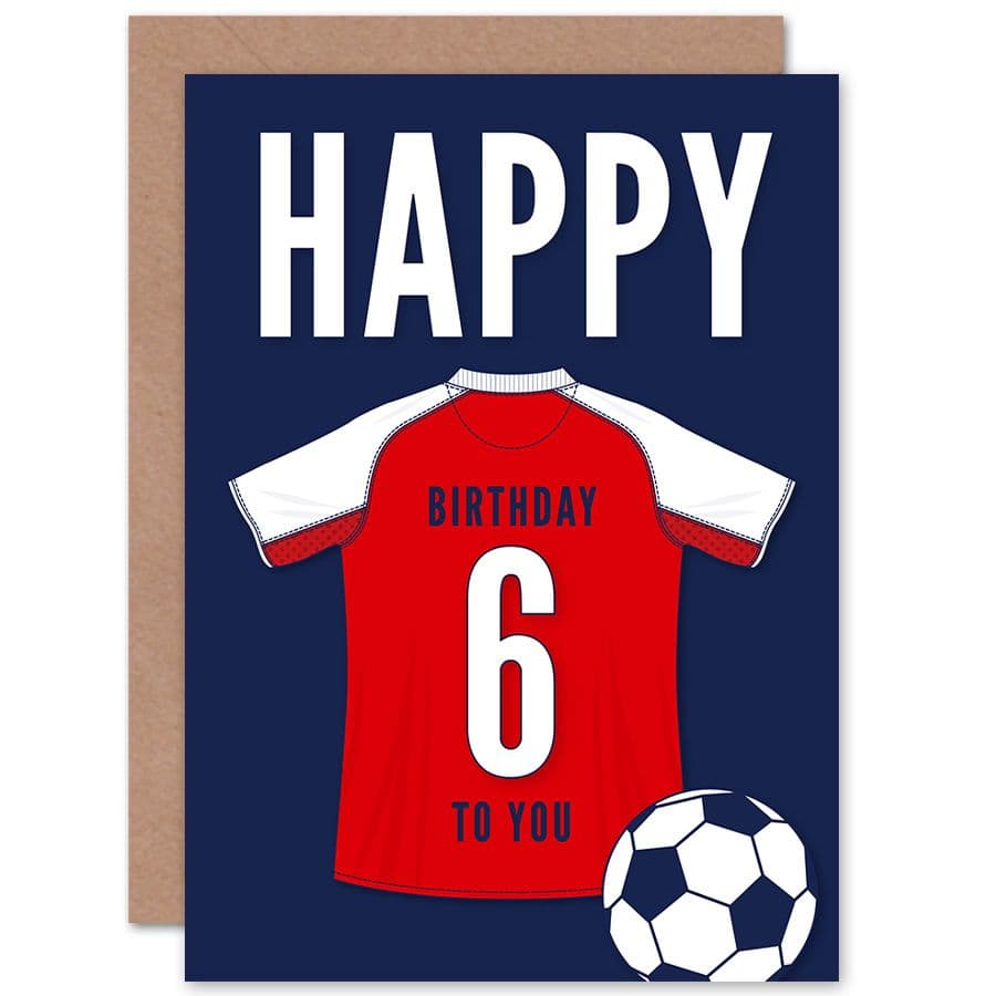 Football Fan 6th Happy Birthday Card Red White Jersey Football Top on Dark Blue Background