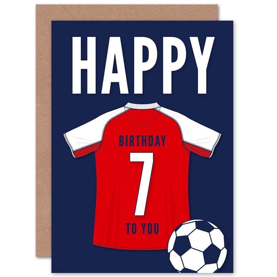 Football Fan 7th Happy Birthday Card Red White Jersey Football Top on Dark Blue Background