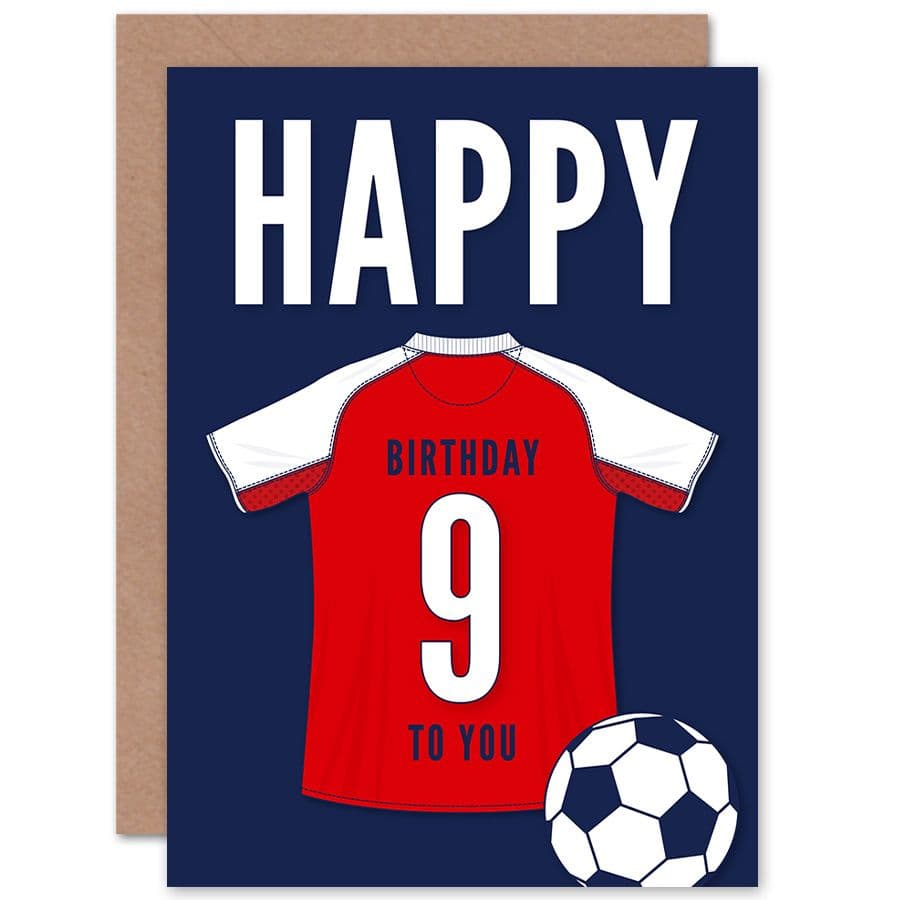 Football Fan 9th Happy Birthday Card Red White Jersey Football Top on Dark Blue Background