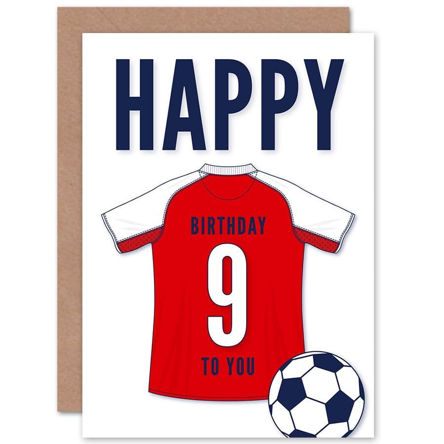Football Fan 9th Happy Birthday Card for Boys Girls Red White Jersey Football Top on White Background