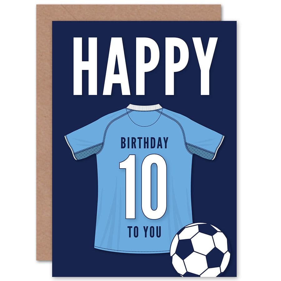 Football Fan 10th Happy Birthday Card for Boys Girls Sky Blue Jersey Football Top on Dark Blue Background