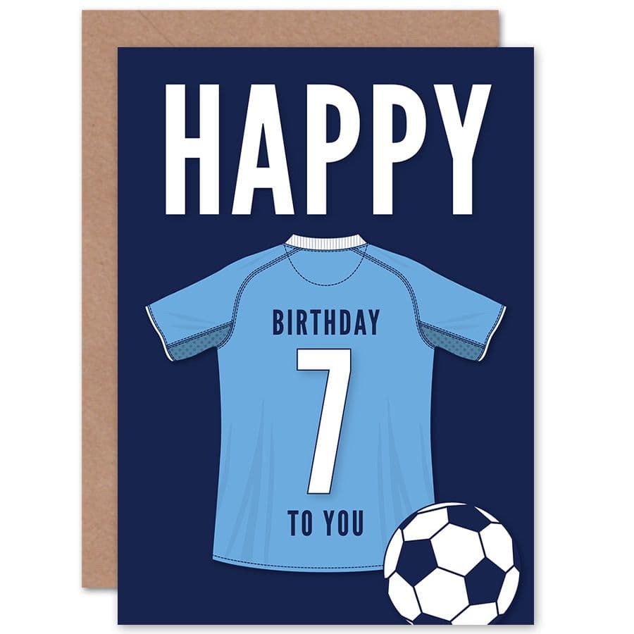 Football Fan 7th Happy Birthday Card for Boys Girls Sky Blue Jersey Football Top on Dark Blue Background
