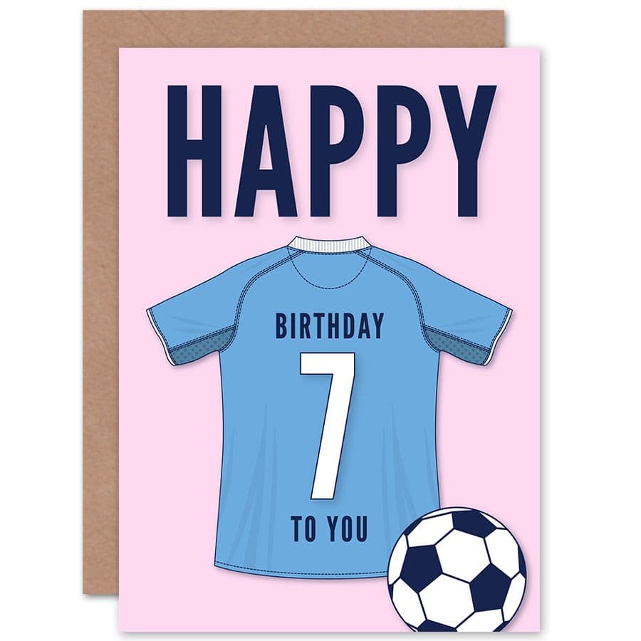 Football Fan 7th Happy Birthday Card Sky Blue Jersey Football Top on Pink Background