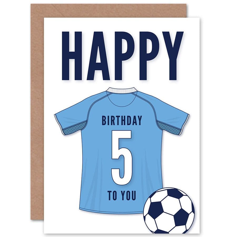 Football Fan 5th Happy Birthday Card Sky Blue Jersey Football Top on White Background