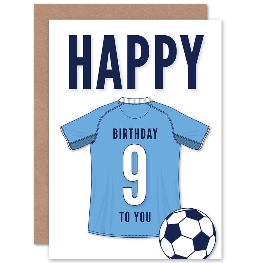 Football Fan 9th Happy Birthday Card Sky Blue Jersey Football Top on White Background