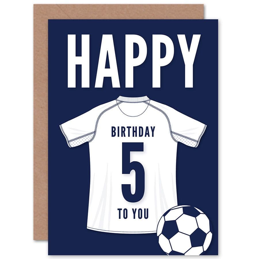 Football Fan 5th Happy Birthday Card White Jersey Football Top on Dark Blue Background