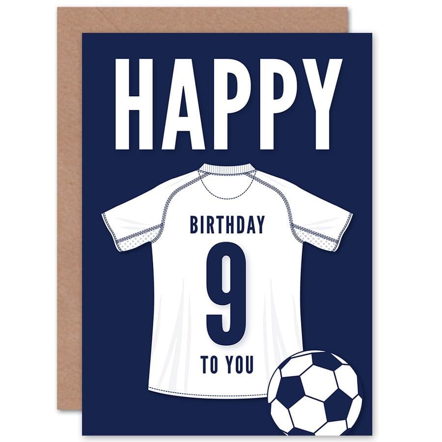 Football Fan 9th Happy Birthday Card White Jersey Football Top on Dark Blue Background