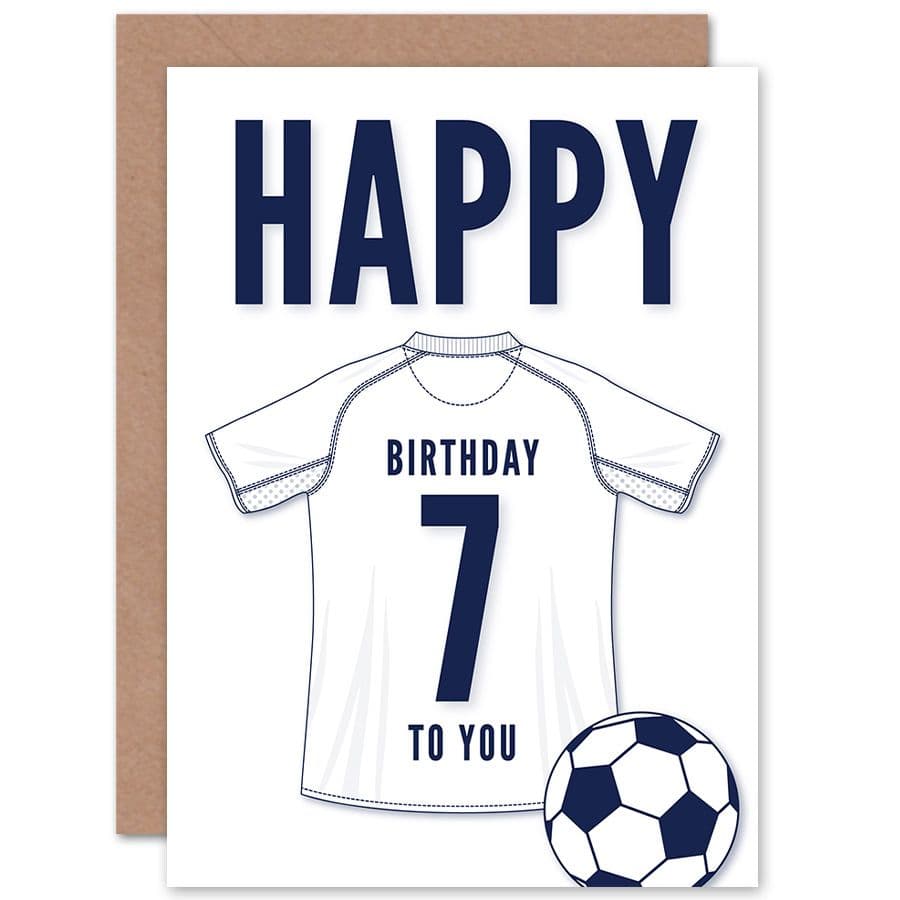 Football Fan 7th Happy Birthday Card for Boys Girls White Jersey Football Top on White Background