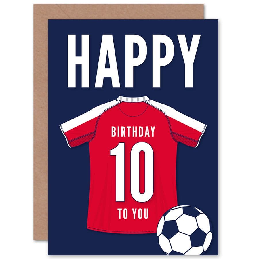 Football Fan 10th Happy Birthday Card White Red Jersey Football Top on Dark Blue Background