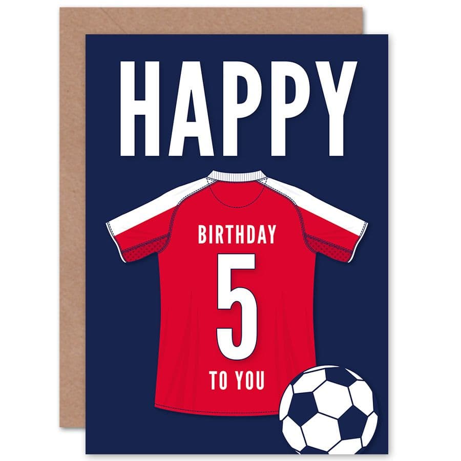 Football Fan 5th Happy Birthday Card for Boys Girls White Red Jersey Football Top on Dark Blue Background