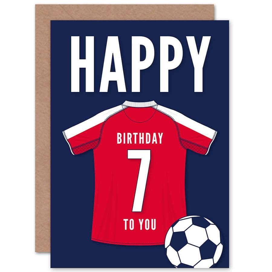 Football Fan 7th Happy Birthday Card White Red Jersey Football Top on Dark Blue Background
