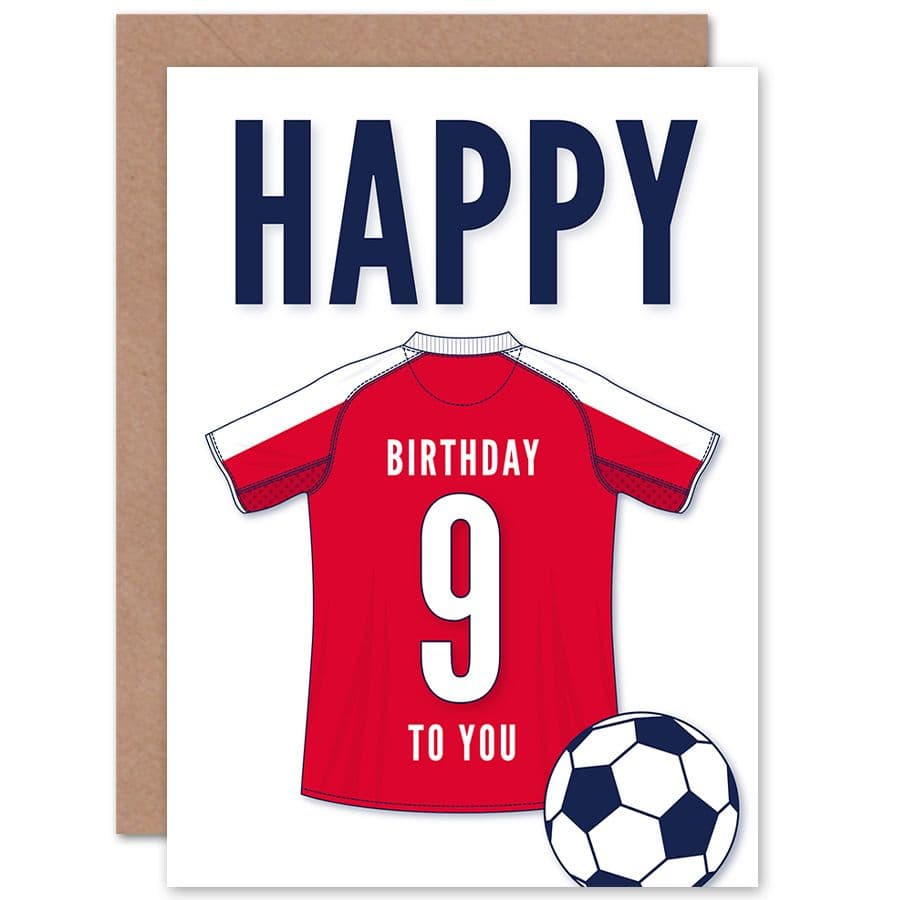 Football Fan 9th Happy Birthday Card for Boys Girls White Red Jersey Football Top on White Background