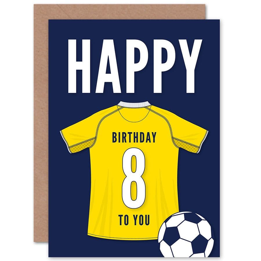 Football Fan 8th Happy Birthday Card for Boys Girls Yellow Jersey Football Top on Dark Blue Background