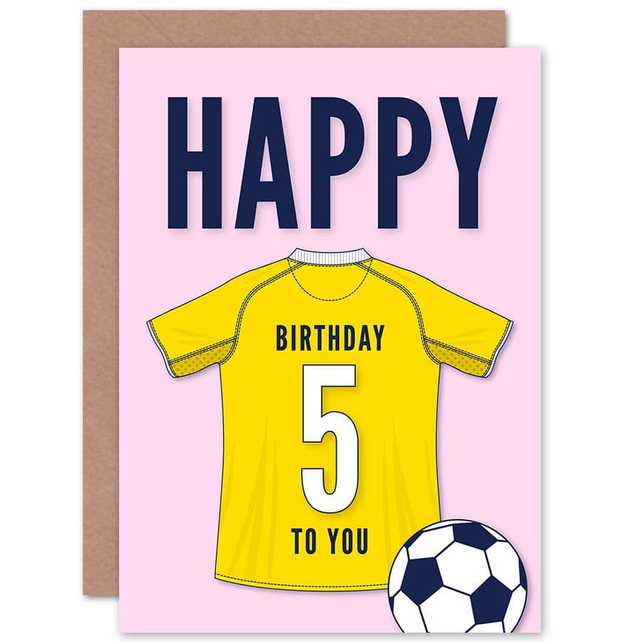 Football Fan 5th Happy Birthday Card for Boys Girls Yellow Jersey Football Top on Pink Background