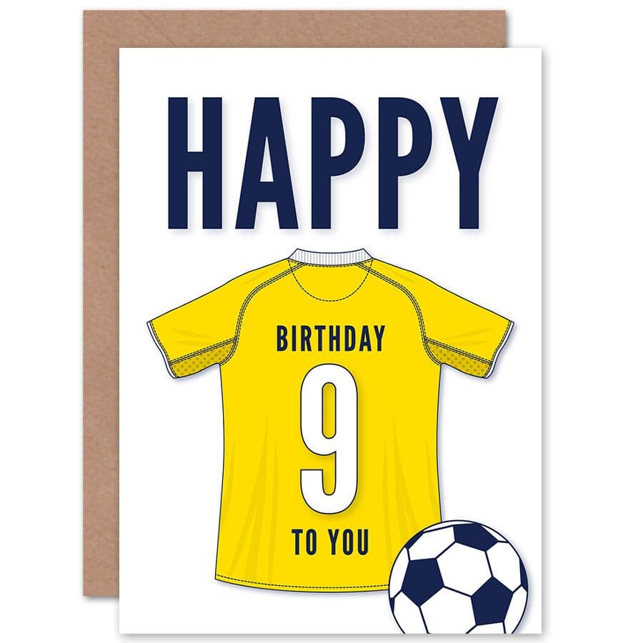 Football Fan 9th Happy Birthday Card for Boys Girls Yellow Jersey Football Top on White Background