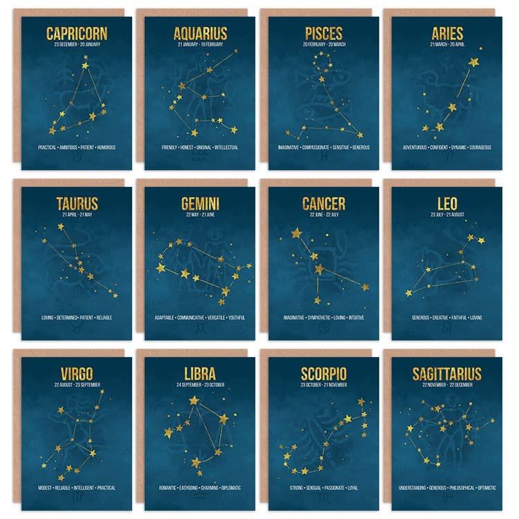 Zodiac Birthday Cards Astrology Star Signs Constellation Blue Greeting Cards With Envelopes Pack of 12