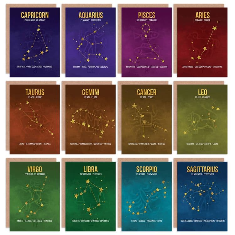 Zodiac Birthday Cards Astrology Star Signs Constellation Greeting Cards With Envelopes Pack of 12