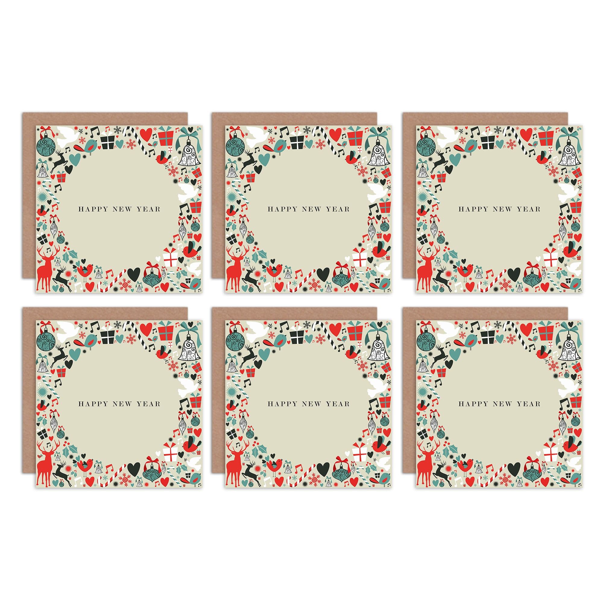 Happy New Year Christmas Holiday Circle Greeting Cards With Envelopes Pack of 6