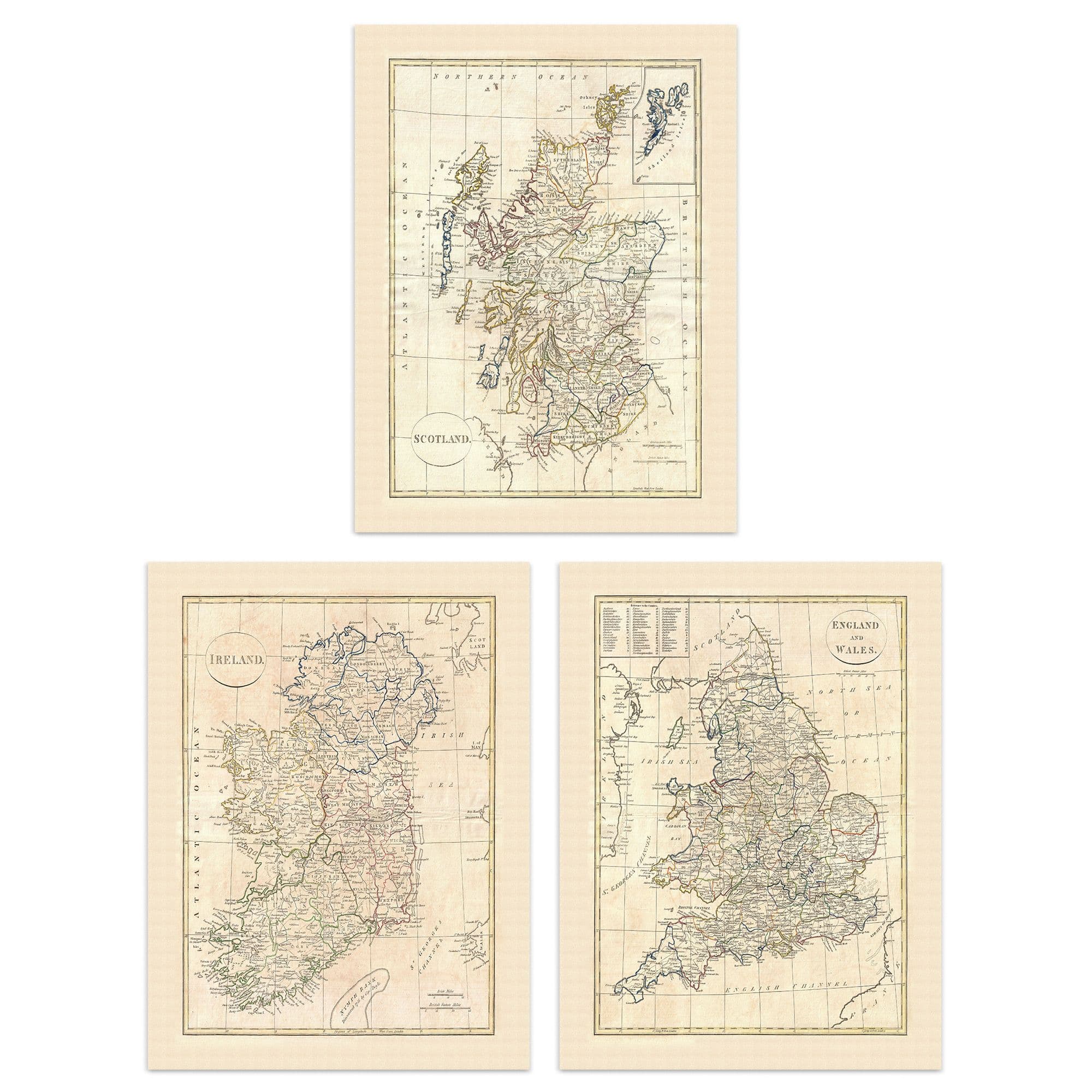 Wall Art Print Vintage Maps British Isles England Wales Scotland Ireland Set 3 s Study Office Aesthetic Clement Cruttwell A4