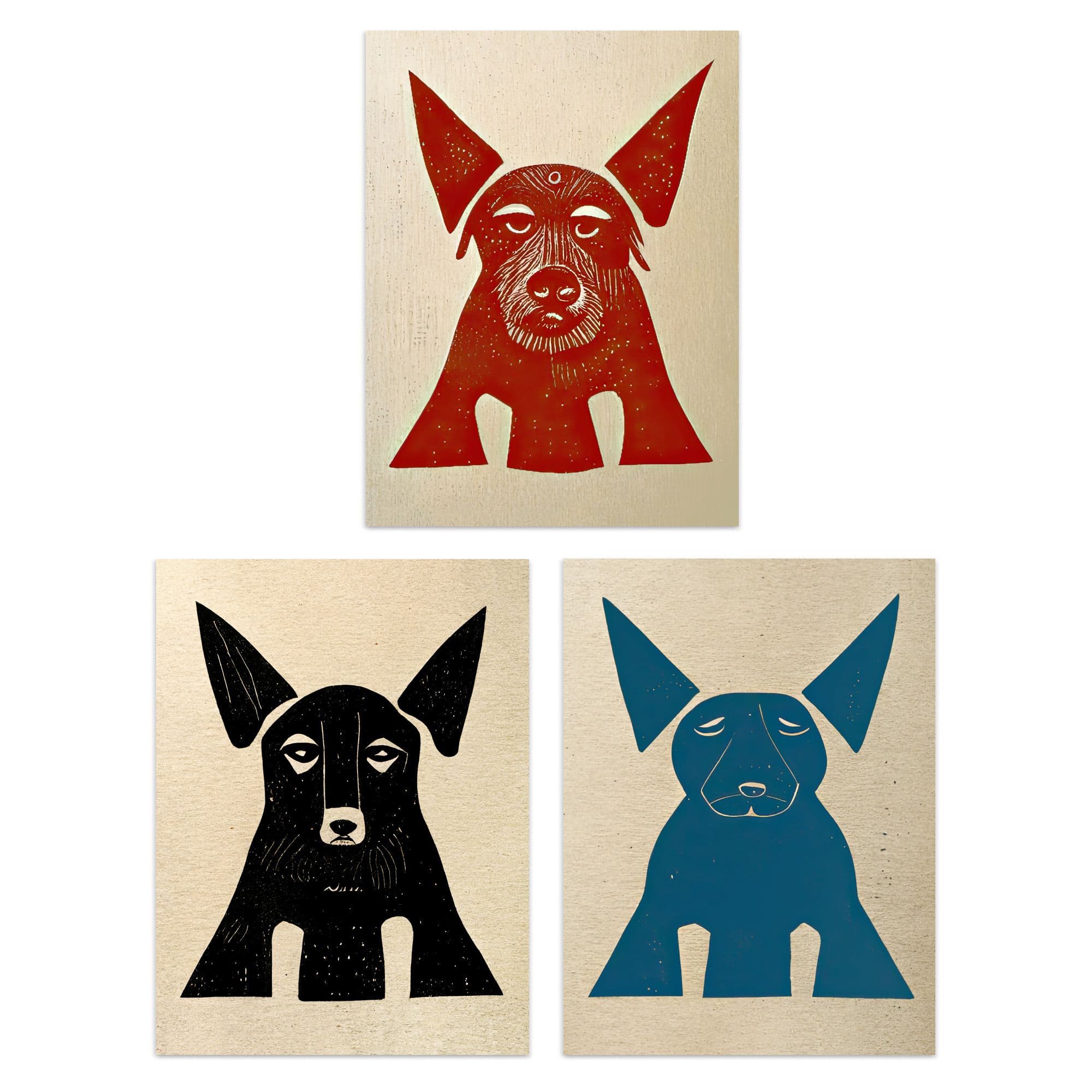 Wall Art Print Boho Minimalist Bold Linocut Dog Portraits Set Of 3 s Bathroom Bedroom Aesthetic Red Black A4