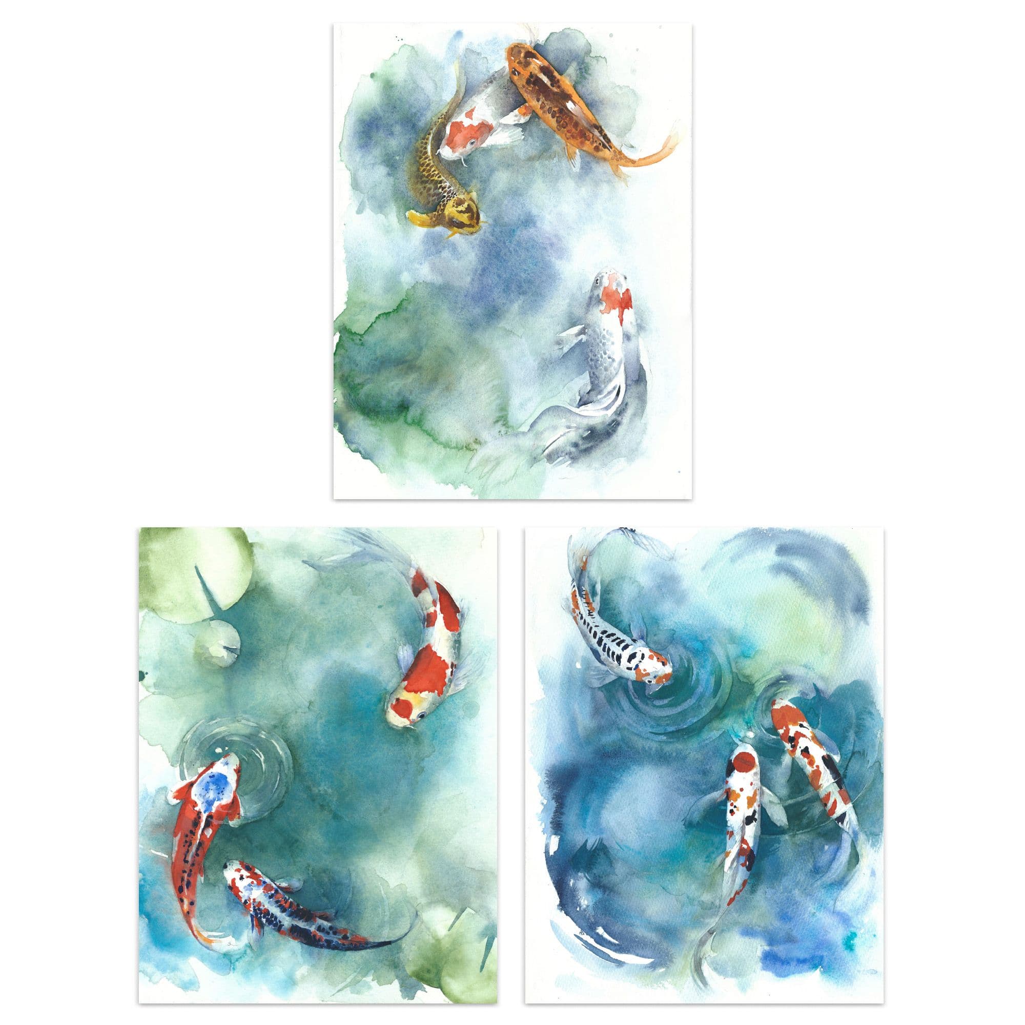 Wall Art Print Japanese Koi Carp Fish Watercolour Set Of 3 s Bathroom Bedroom Aesthetic Goldfish A4