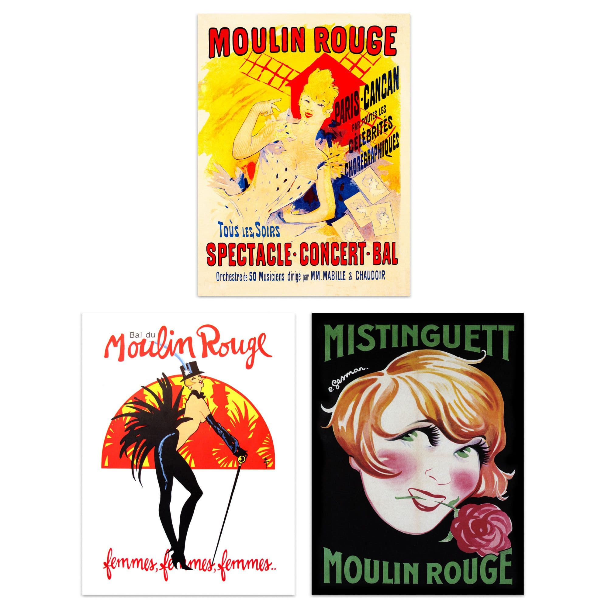 Wall Art Print Vintage Moulin Rouge Burlesque Cabaret Girls Paris France Set Of 3 s Bathroom Bedroom Aesthetic Retro Advertising A4