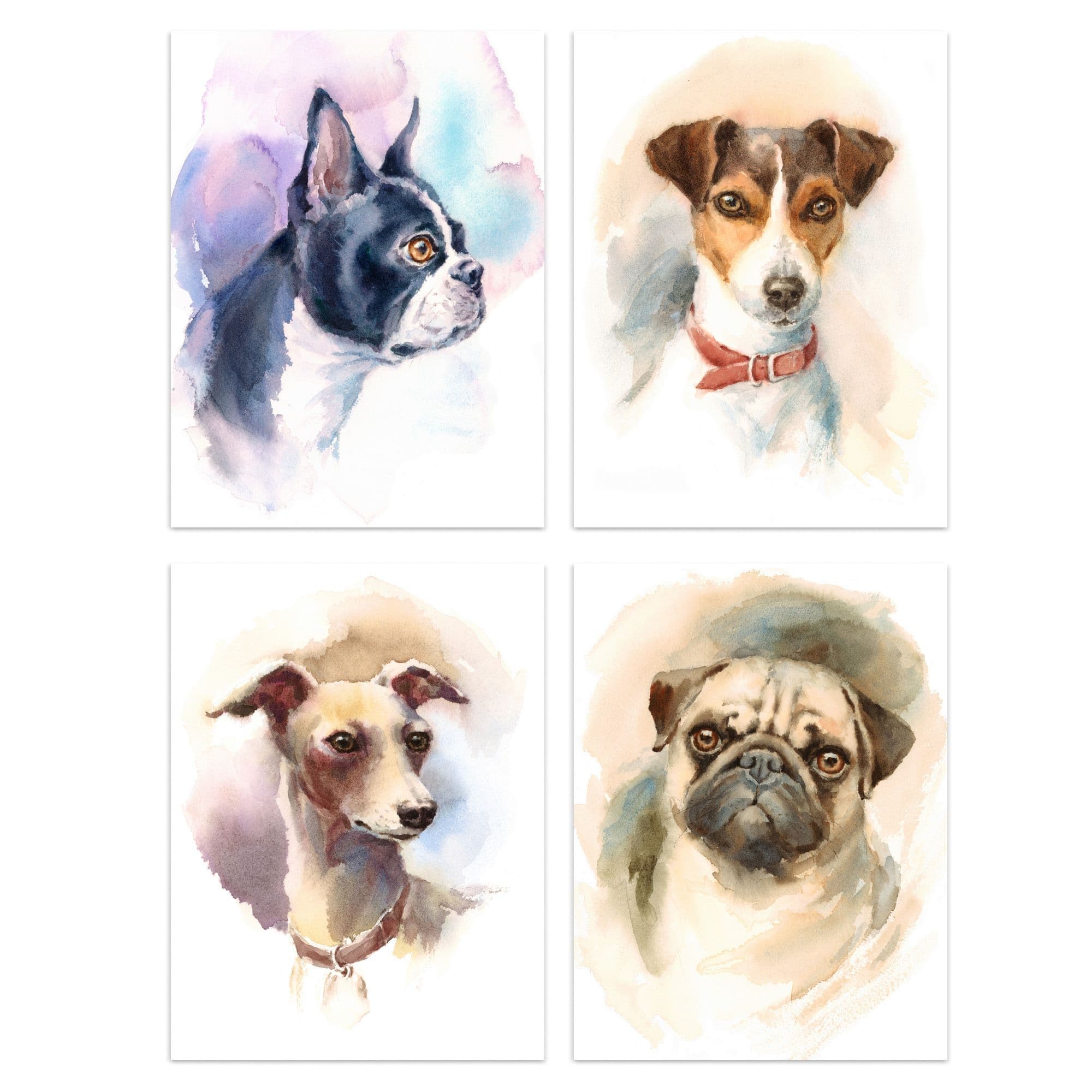 Wall Art Print Dog Watercolour Paintings Pug Jack Russell Greyhound Boston Terrier Set 4 s Living Room Bedroom Aesthetic A4