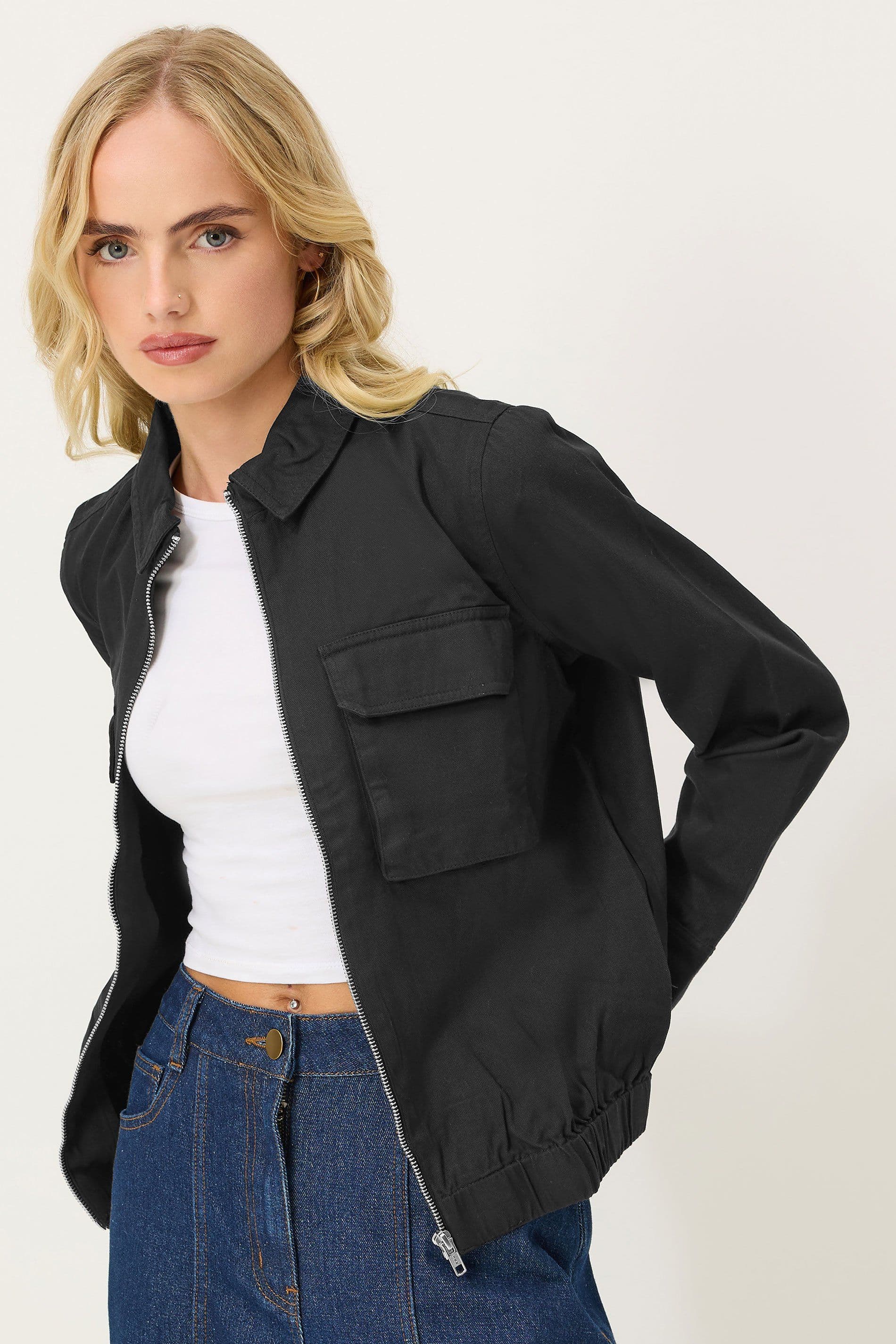 PixieGirl Women's Petite Bomber Collared Jacket in Black | Size: 16