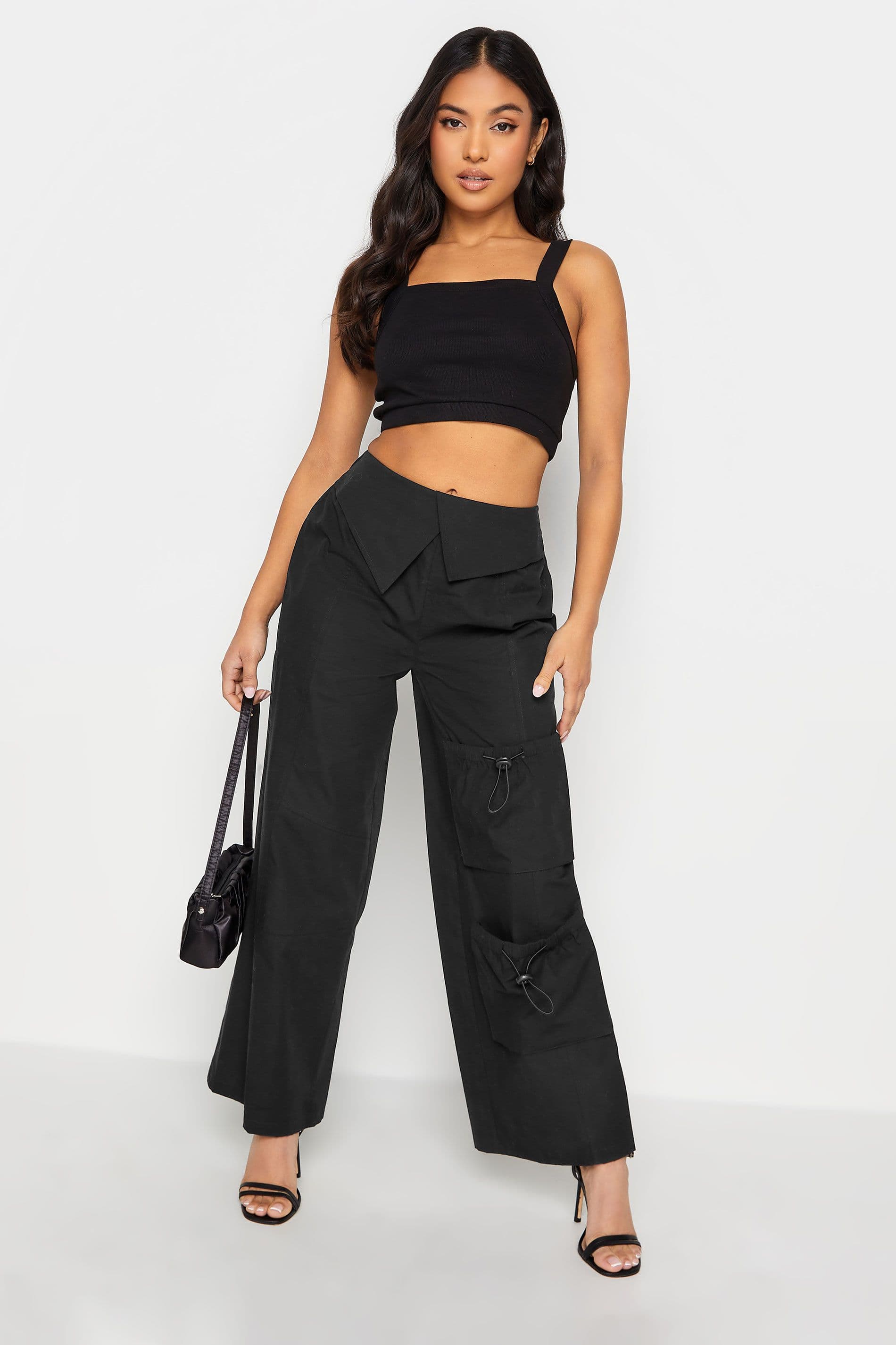 PixieGirl Women's Petite Fold Over Waist Cargo Trousers in Black | Size: 14S