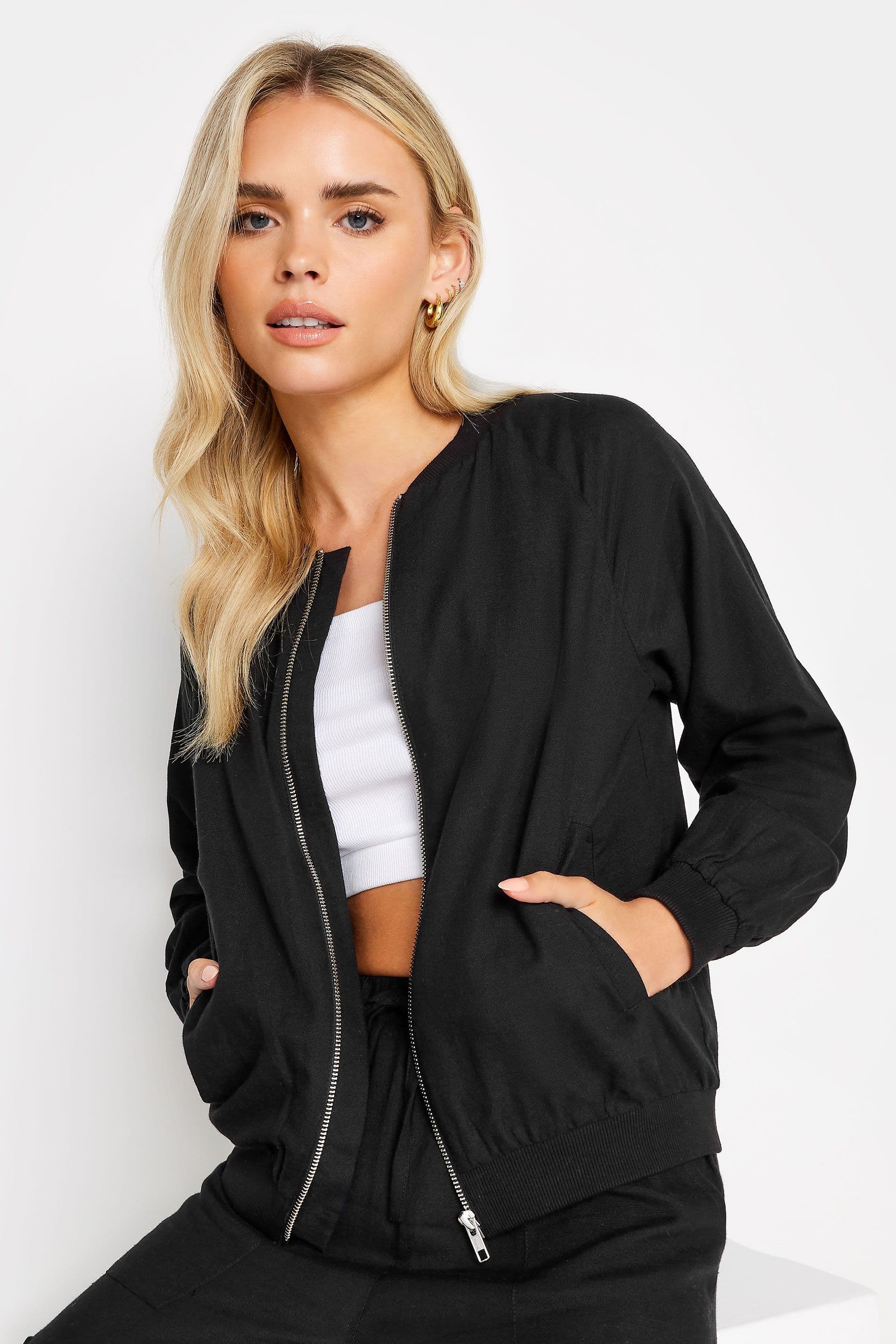 PixieGirl Women's Petite Linen Bomber Jacket in Black | Size: 6
