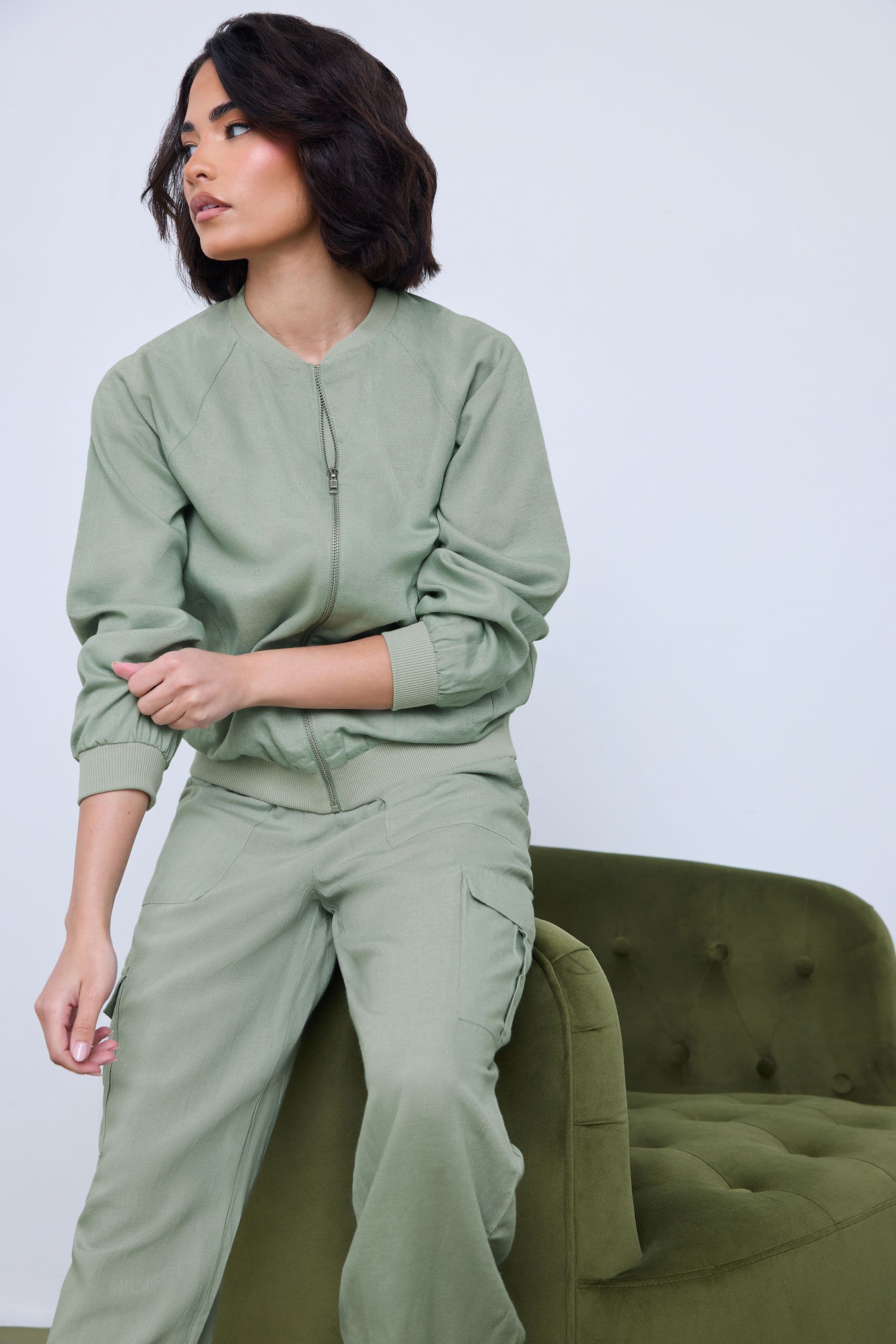 PixieGirl Women's Petite Linen Bomber Jacket in Green | Size: 10