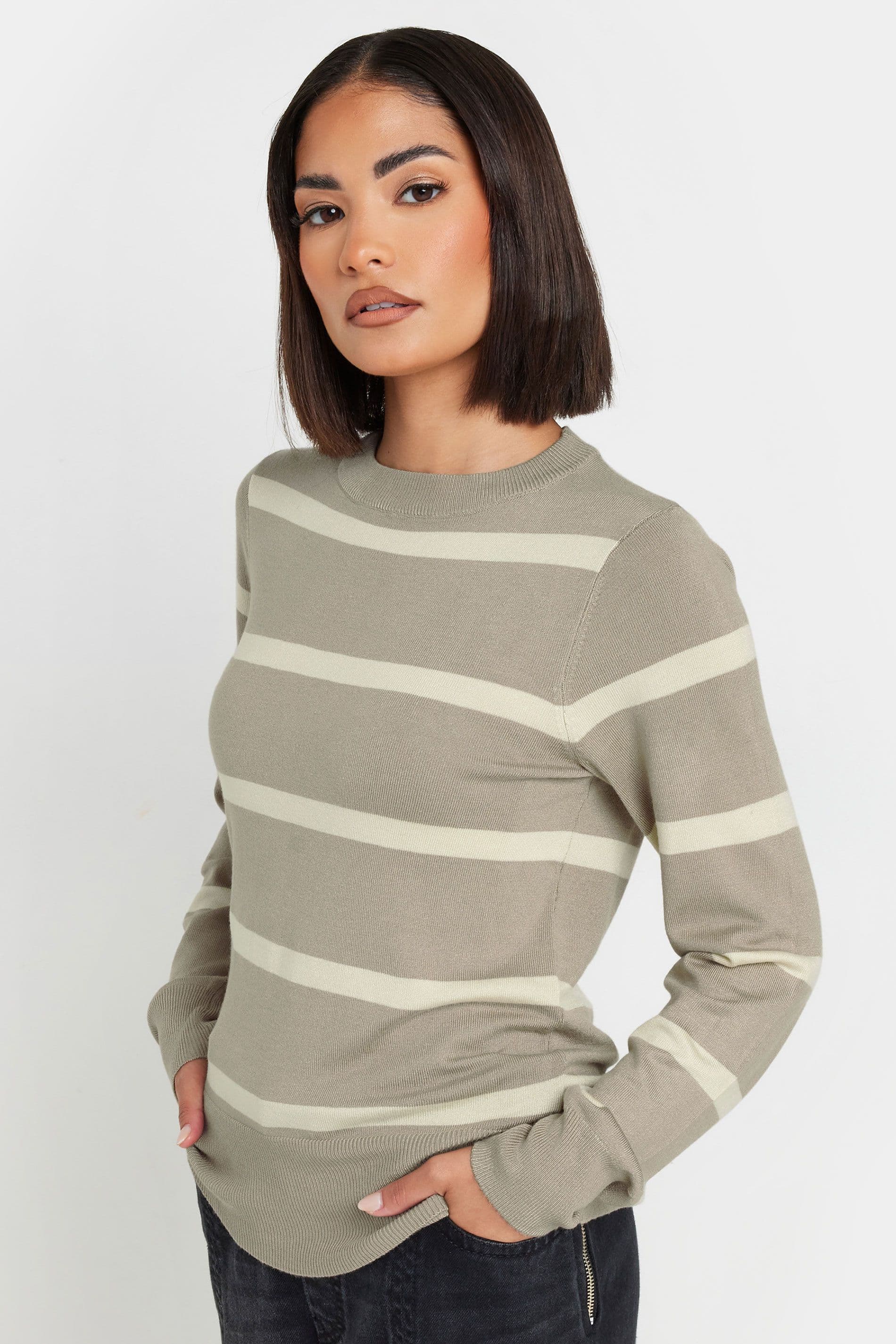 PixieGirl Women's Petite Stripe Jumper in Light Beige | Size: 12-14